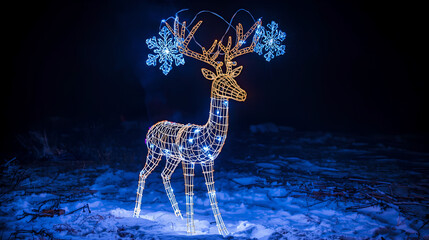 Illuminated Reindeer Christmas Decoration with Glowing LED Antlers and Snowflakes in Winter Night Scene