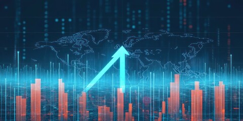 Digital illustration of a glowing upward arrow over orange 3D bar graphs with a world map background symbolizing global growth and data analysis