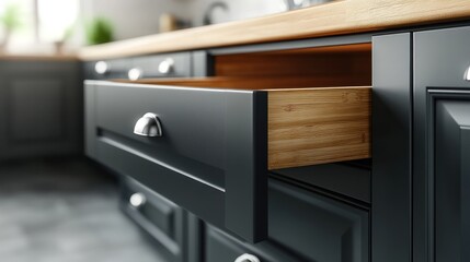 Dark gray kitchen drawer open, revealing light wood interior