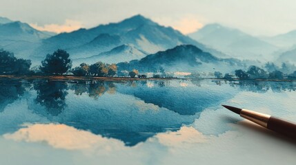 Pencil drawing of mountains reflected in lake, watercolor soft sky, handmade landscape art, tranquil and natural scene.