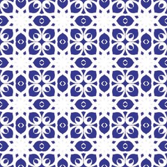 Repeating geometric pattern features interlocking blue and white motifs.