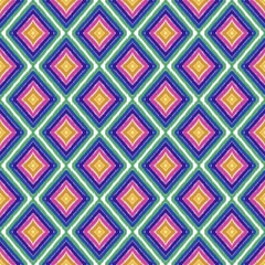 A vibrant geometric pattern featuring a repeating diamond motif.