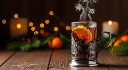 Hot steaming tea with lemon in a vintage glass holder on a dark wooden table, surrounded by warm festive bokeh lights and decorations for Old New Year concept.