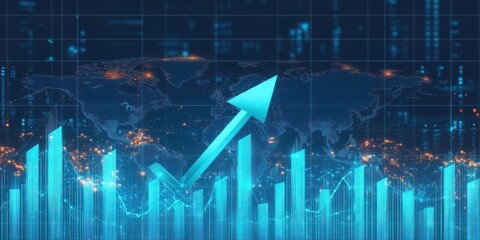 Digital blue glowing bar graph with a rising arrow overlay on a world map background indicating global financial growth and technological data analysis