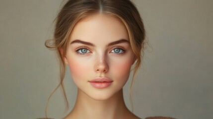 Naklejka premium Close-up portrait of a young woman with clear blue eyes, light freckles, smooth skin, natural makeup, and soft brown hair against a neutral background, expressing calmness and confidence