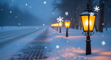 Old street lanterns glowing warmly in a snowy winter night with falling snowflakes for an Old New Year celebration concept and festive atmosphere