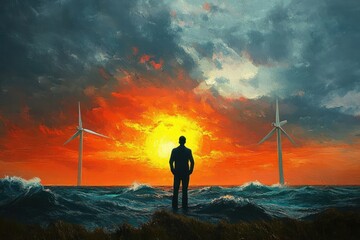 Silhouette of a person standing on a rocky shore facing rough ocean waves and large wind turbines under a dramatic sunset sky with vibrant orange and blue clouds