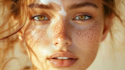 Close-up portrait of a young woman with light freckles, glowing skin, natural makeup, and hazel eyes under warm sunlight, conveying calm and softness