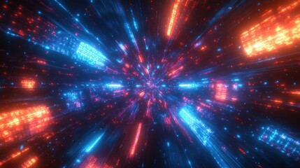 Dynamic abstract digital tunnel with glowing blue and orange neon lights creating a sense of high-speed motion and energy