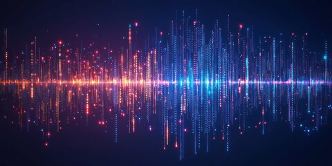 Colorful digital soundwave visualization with vertical lines and dots in blue, red, orange, and purple glowing on a dark background