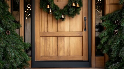 Festive holiday door decoration with a wreath and golden bells welcoming the christmas season