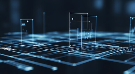 Abstract digital city grid with glowing data points and architectural structures, representing technological innovation and urban planning