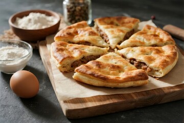 Freshly baked savory pie sliced on a wooden board with ingredients nearby