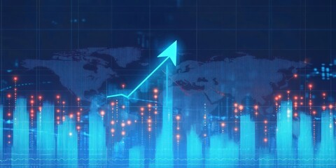 Digital financial chart with rising blue arrow and bar graphs overlaid on a world map background showing growth and data points
