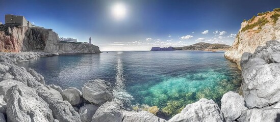 Clear sunny day over calm blue sea with rocky cliffs surrounding a lighthouse and distant coastline under a bright sky