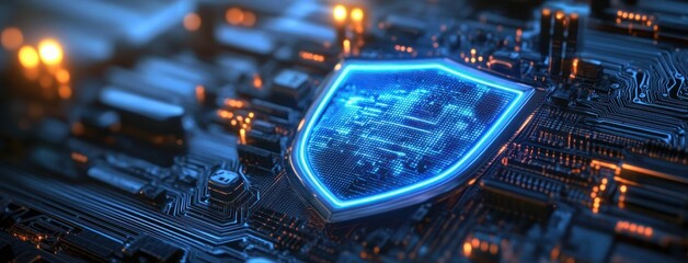 Glowing blue digital shield symbol integrated on a detailed dark electronic circuit board representing cybersecurity and digital protection