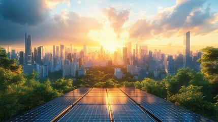 Solar panels in foreground with lush green trees surrounding and a modern city skyline under a vibrant sunrise sky with dramatic clouds