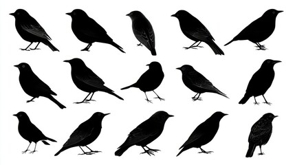 Obraz premium Set of black bird silhouettes in various poses, minimalist vector illustration elements for design, decoration, and creative projects