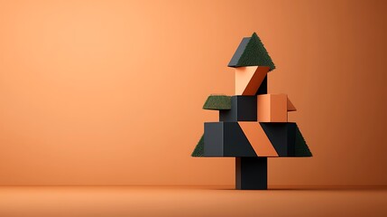 Abstract christmas tree made of geometric shapes on orange background for holiday season greetings