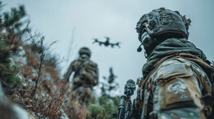 Fototapeta premium Modern Army Soldiers Operate Aerial Drone for Artillery Guidance and Scouting in Military Operation During Daytime