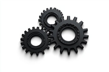 Three black interlocking metal gears with detailed teeth and smooth surfaces on a white background symbolizing machinery and mechanical connection