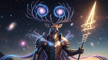 Cosmic Deer God Warrior with Antlers and Glowing Spear in Starry Universe.