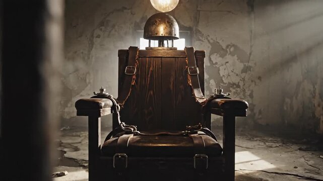 Ominous electric chair awaiting action in a dark prison execution chamber with dramatic spotlighting