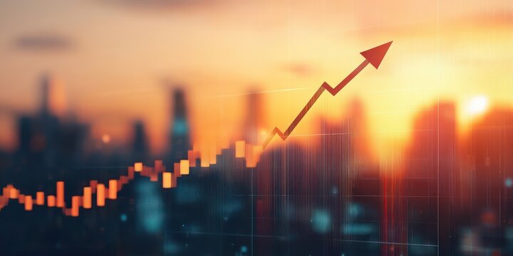 city skyline at sunset behind an upward trending financial graph representing growth and positive economic progress - Powered by Adobe
