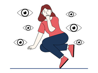 Women feel anxious and the perception of being watched is a common symptom of social anxiety disorder or social phobia. Healthy problems vector illustration. Flat illustration.