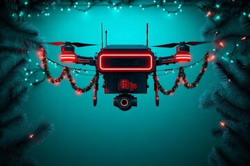 Festive drone decorated with christmas lights and pine branches against a teal colored background