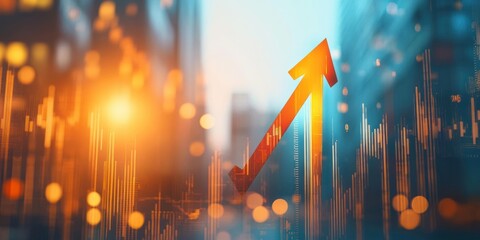 Bright upward arrow symbolizing growth and progress overlaid on blurred cityscape with glowing bokeh lights and financial graph lines