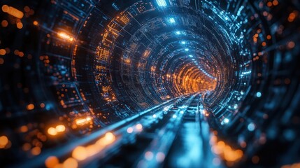 Fototapeta premium Futuristic glowing tunnel with intricate circuitry patterns illuminated by blue and orange lights creating a high-tech immersive environment