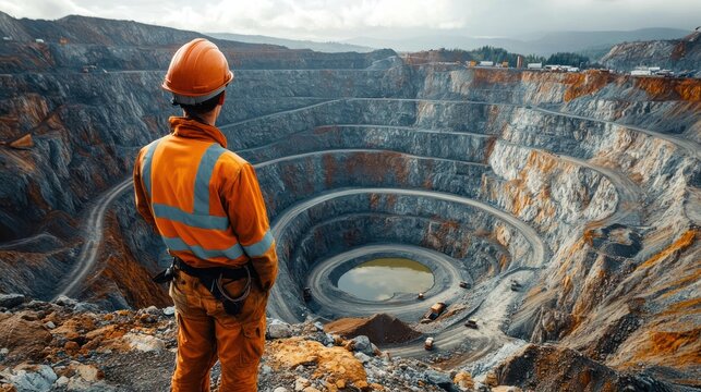 Construction worker in orange reflective safety gear overlooking a large open-pit mine with terraced rock walls and mining vehicles working below under cloudy sky