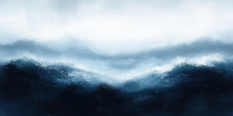 Obraz premium Abstract landscape painting featuring layered dark blue and light blue waves or mountains under a misty, cloudy sky