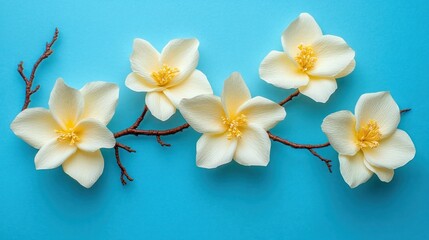 Fototapeta premium Delicate cream magnolia blossoms arranged on a light blue background