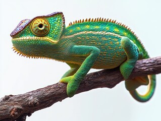 Obraz premium Close-up of a vibrant green and yellow chameleon perched on a brown branch against a plain white background, showcasing detailed textured scales and a focused gaze