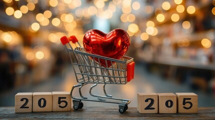Small shopping cart with a shiny red heart inside placed on a wooden surface with wooden blocks showing the number 205 on either side, warm bokeh lights in background