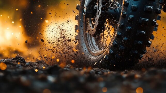 Close-up of a dirt bike tire kicking up mud and debris with a vibrant orange glowing background creating a dynamic and energetic atmosphere