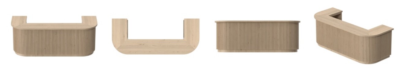 Modern wooden reception desk with a ribbed design isolated on white