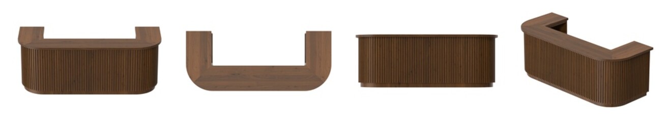 Modern wooden reception desk with a stylish, curved design on white background
