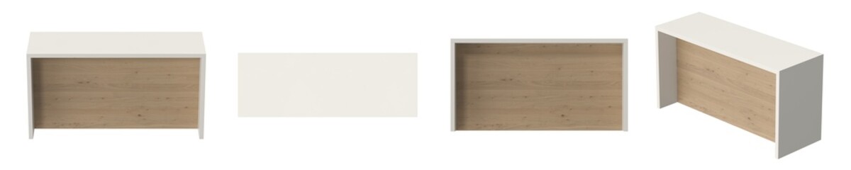 Modern office desk with white top and wooden front in various perspectives