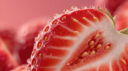 "Photorealistic close-up of a strawberry slice, textures and seeds detailed, soft shadows, macro view for food illustration or digital design.