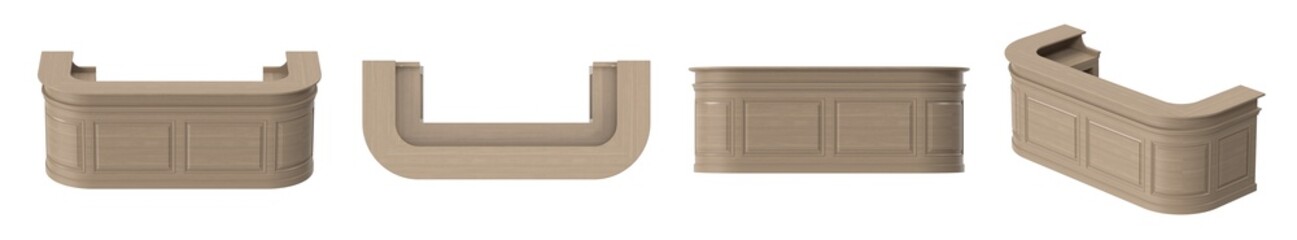 Elegant wooden bar counter design in various perspectives, isolated on white