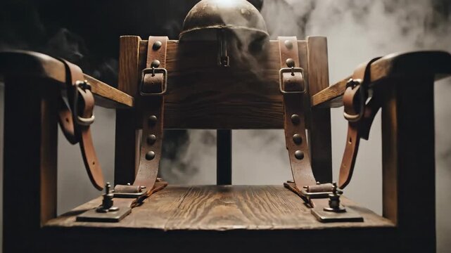 Vintage electric chair execution device in dark prison room with dramatic smoke and straps
