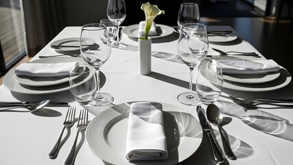 An elegantly set fine dining table ready for a luxurious meal in a modern restaurant with bright natural light.