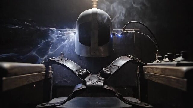 Dramatic close up of an electric chair with helmet restraints sparking electricity inside a dark prison