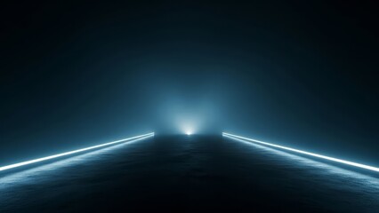 Abstract dark futuristic background with blue neon lights and fog on concrete floor
