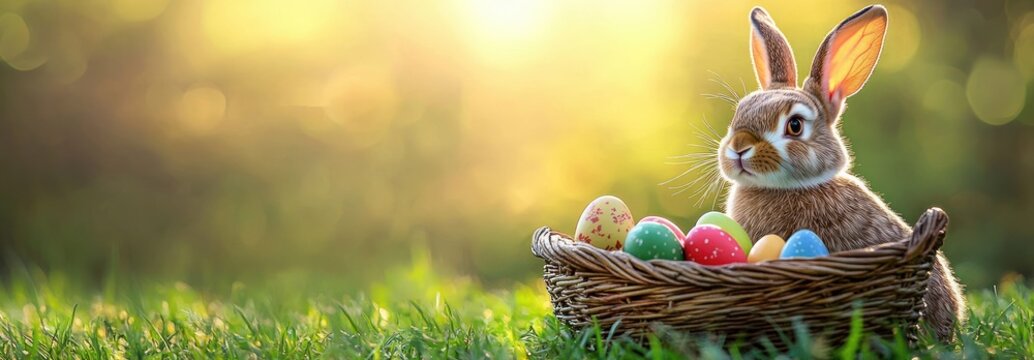 Brown rabbit sitting in wicker basket among colorful decorated Easter eggs on green grass with warm sunlight in background - Powered by Adobe