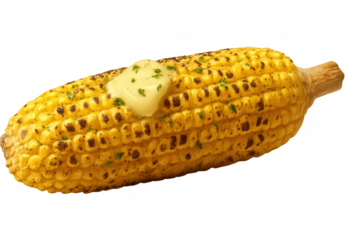 Grilled corn on the cob with melting butter and fresh herbs, perfect summer barbecue food, transparent background