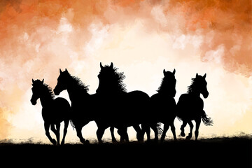 Galloping Horses Silhouette Against a Fiery Sky